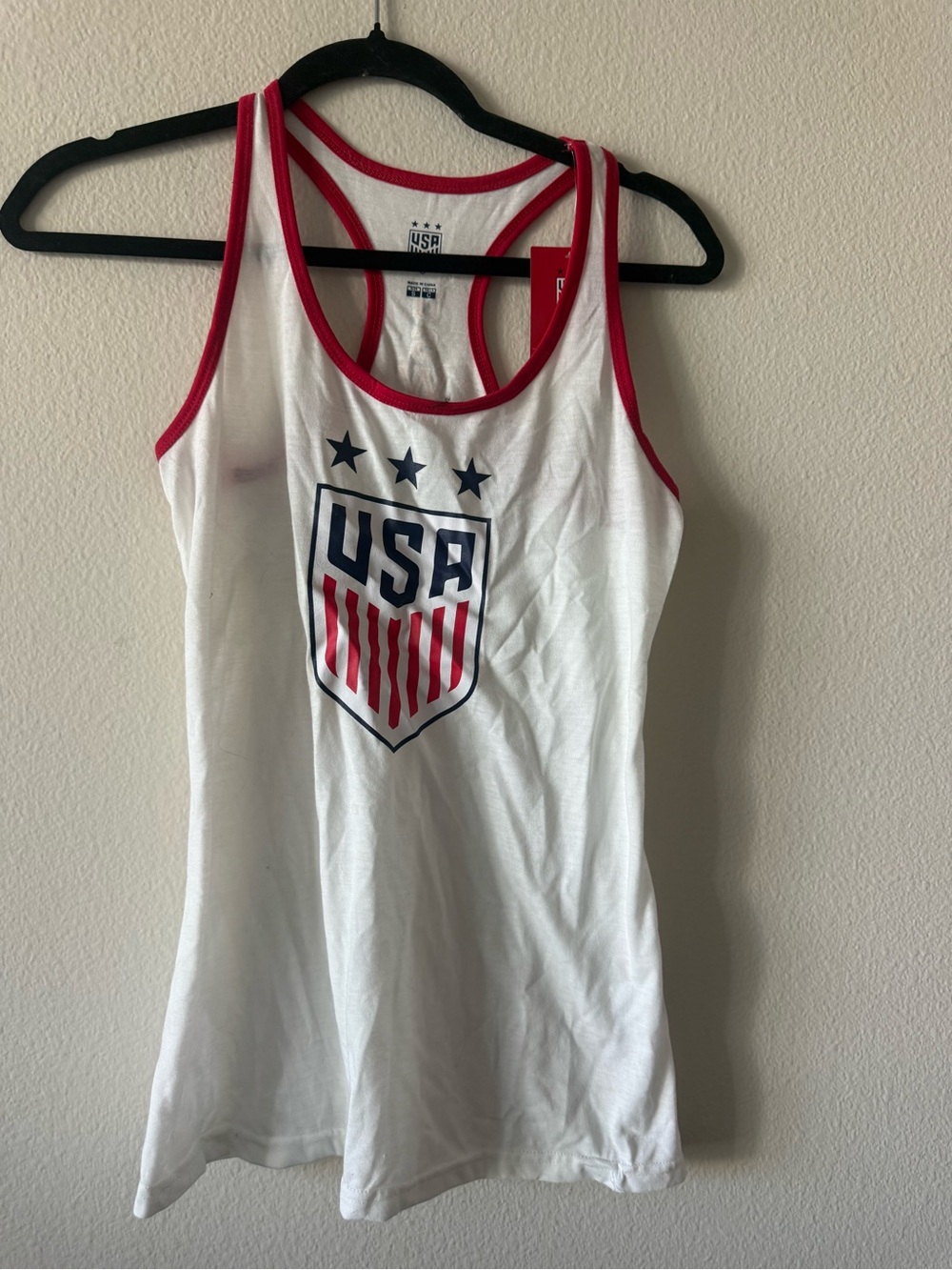 USA Shield Racerback Tank Top - White with Red & Navy Trim